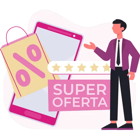 Empresário mostrando super oferta de desconto  Ilustração