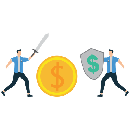 Empresário mostrando moeda de dólar protegida por espada e escudo  Ilustração