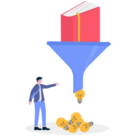 Hombre de negocios mostrando un libro de filtros con una idea  Ilustración