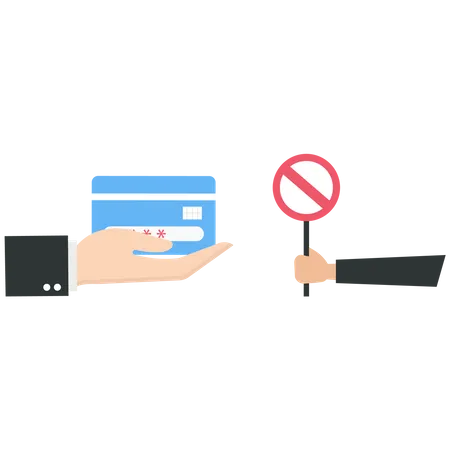 Empresario muestra señal de prohibición a la tarjeta de crédito  Ilustración