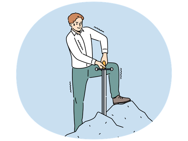Un hombre de negocios motivado extrae una espada de la piedra.  Ilustración