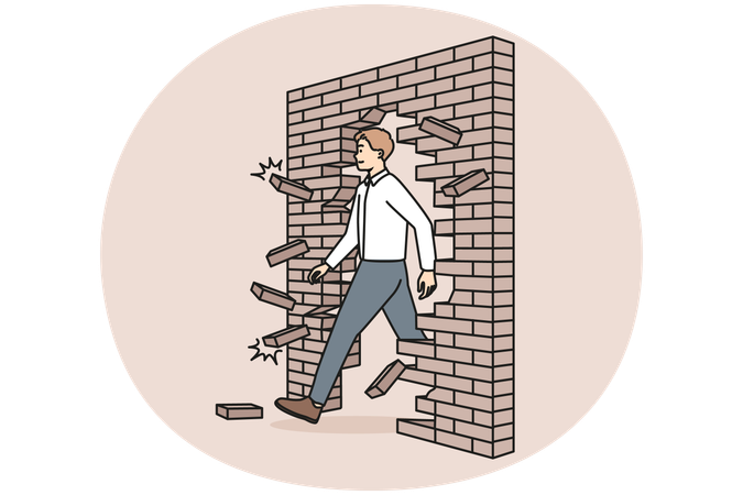 Un hombre de negocios motivado rompe el muro y busca el éxito.  Ilustración