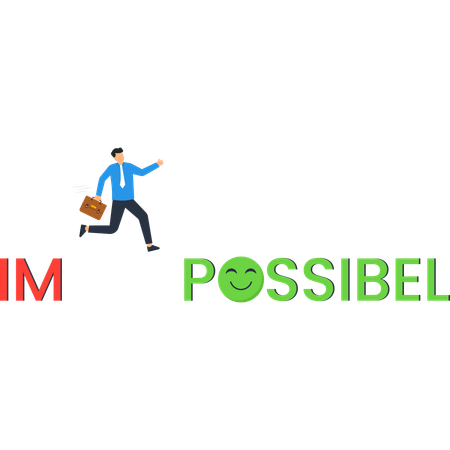 Empresario motivado que corre hacia la palabra "posible" con actitud positiva  Ilustración