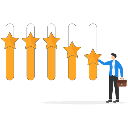 Empresario moviendo deslizadores con estrellas y poniendo una marca positiva  Ilustración