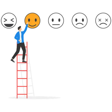 Empresário na escada dando feedback com emoticon  Ilustração