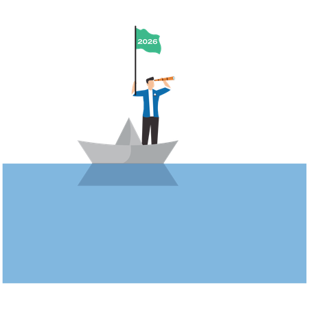 Hombre de negocios navegando en un barco de papel con la bandera del año 2026 ondeando mientras busca oportunidades de negocio  Ilustración