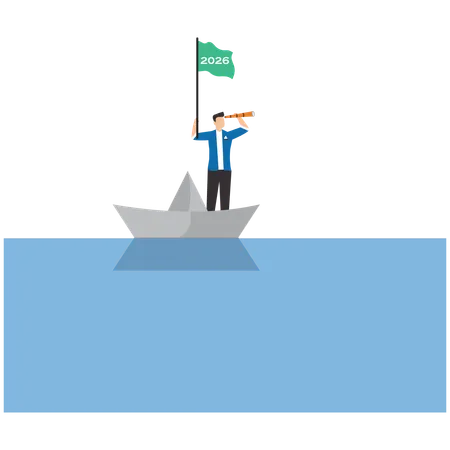 Hombre de negocios navegando en un barco de papel con la bandera del año 2026 ondeando mientras busca oportunidades de negocio  Ilustración