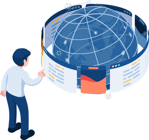 Empresário navegando na página da Web ao redor do mundo  Ilustração