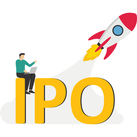 Empresário negociando na oferta pública inicial de IPO  Ilustração