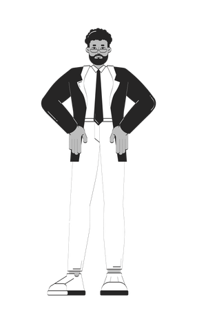 Hombre de negocios negro confiado de pie con las manos en las caderas  Ilustración
