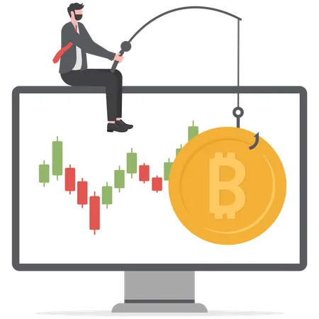 Empresário no laptop pescando bitcoin  Ilustração