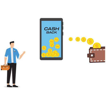 Empresário assistindo promoção de cashback no smartphone  Ilustração