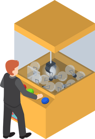 Empresario obteniendo una bombilla incandescente de una máquina de juego de garras  Ilustración