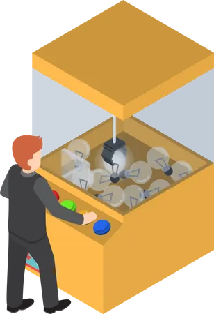Empresario obteniendo una bombilla incandescente de una máquina de juego de garras  Ilustración