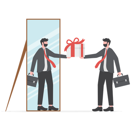 Empresário recebe recompensa de si mesmo no espelho por se motivar  Ilustração