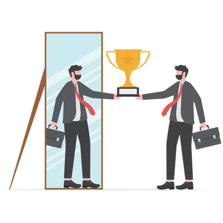 El hombre de negocios recibe una recompensa de sí mismo en el espejo por motivarse a sí mismo  Ilustración