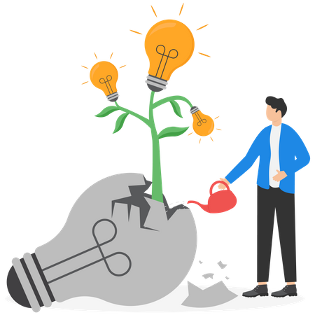 Empresário olha para mudas com ideia de lâmpada brilhante que planta cresce a partir de quebrado  Ilustração