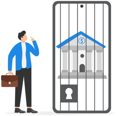 Empresário olha para prédio de banco trancado dentro da tela do smartphone  Ilustração