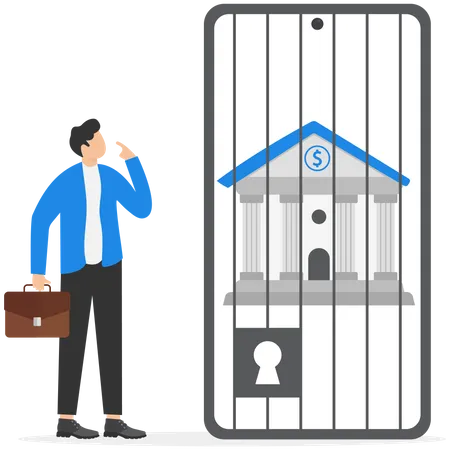 Empresário olha para prédio de banco trancado dentro da tela do smartphone  Ilustração