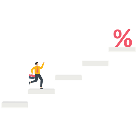 Empresário olha para um símbolo de porcentagem no topo de uma escada  Ilustração