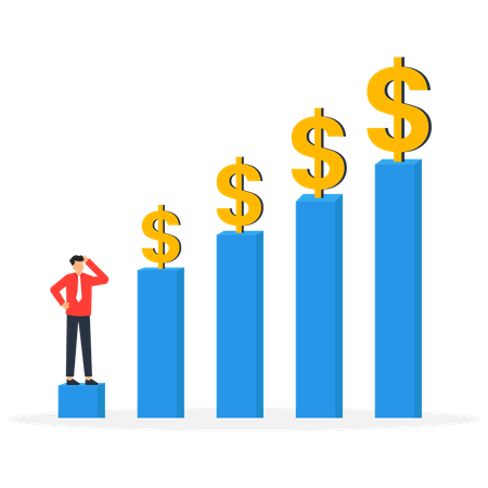 Empresário olhando no gráfico com dólar  Ilustração