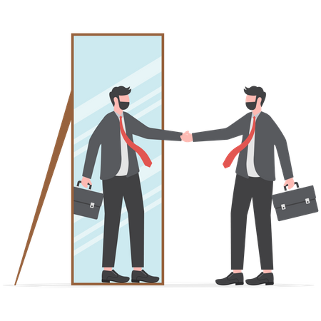 Empresário olhando para seu forte espelho de auto-reflexão ideal  Ilustração