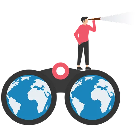 Empresário olha através do telescópio em óculos com mapa mundial  Ilustração