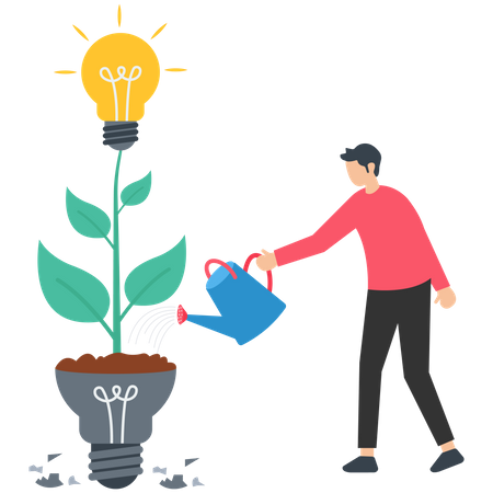 Empresário olha para mudas com ideia brilhante de planta crescer a partir de uma planta quebrada  Ilustração