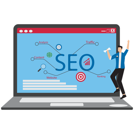 Empresario optimizando el ranking SEO  Ilustración