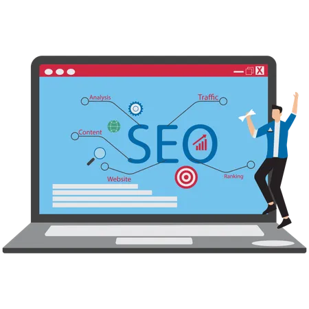 Empresario optimizando el ranking SEO  Ilustración