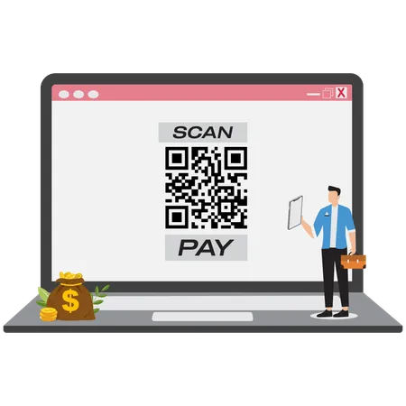 Empresario pagando online mediante código QR  Ilustración