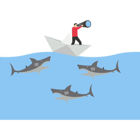 Empresario de pie boca abajo con un equipo rodeado de tiburones  Ilustración