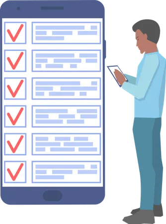 El hombre de negocios se encuentra cerca de la lista de verificación en el teléfono inteligente  Ilustración