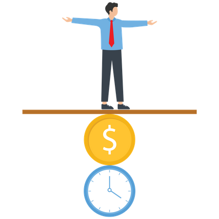 Empresario de pie sobre el tiempo y el dinero para mantener un equilibrio  Ilustración