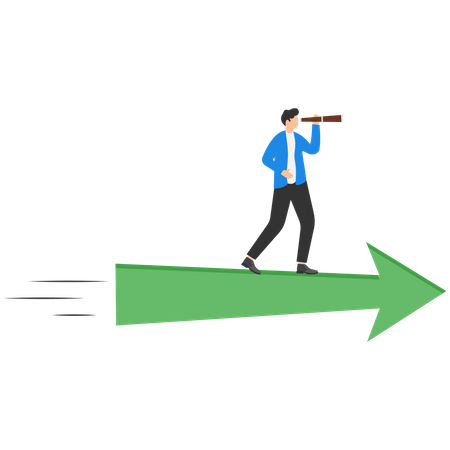 El hombre de negocios se encuentra en una flecha verde voladora buscando oportunidades  Ilustración