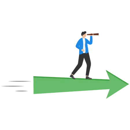 El hombre de negocios se encuentra en una flecha verde voladora buscando oportunidades  Ilustración