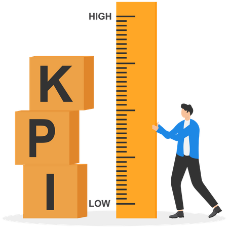 Hombre de negocios parado encima de la caja de KPI que mide el rendimiento  Ilustración