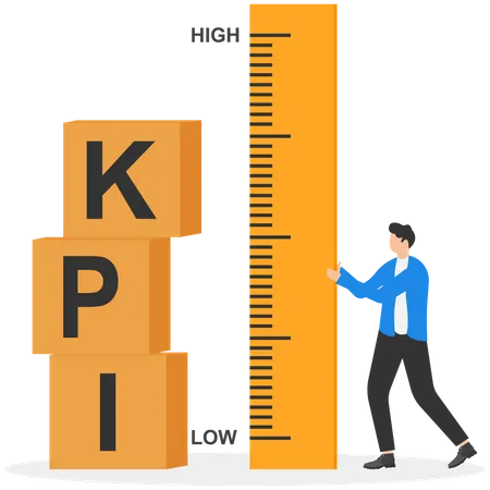 Hombre de negocios parado encima de la caja de KPI que mide el rendimiento  Ilustración