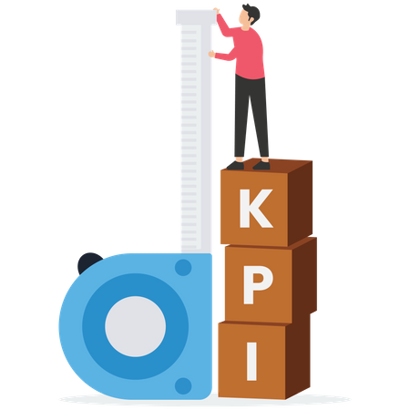 Hombre de negocios parado encima de la caja de KPI que mide el rendimiento  Ilustración