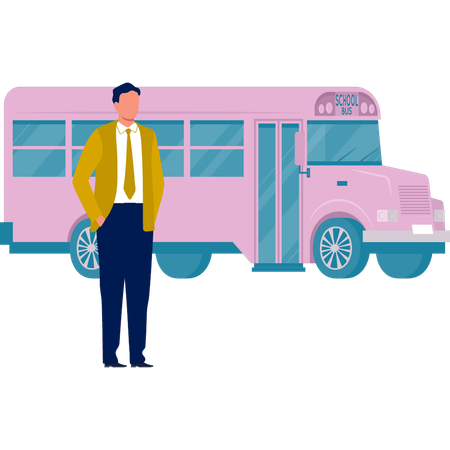 Empresário em pé perto de ônibus  Ilustração