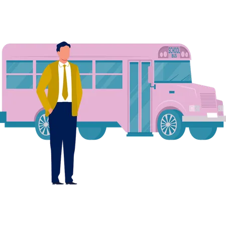 Empresário em pé perto de ônibus  Ilustração