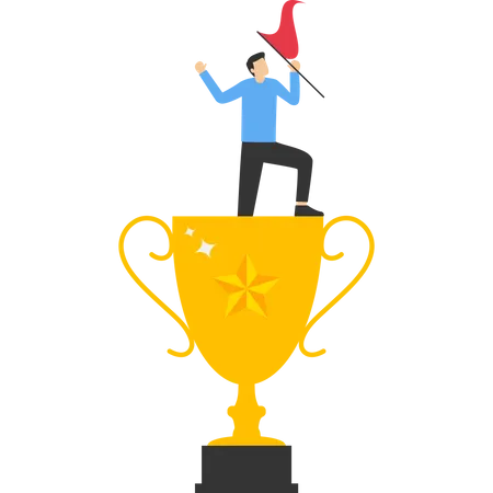 Empresario de pie sobre un pedestal de ganadores con un trofeo  Ilustración