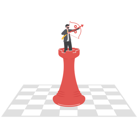 Hombre de negocios parado en el tablero de ajedrez y sosteniendo arcos y flechas en la mano  Ilustración
