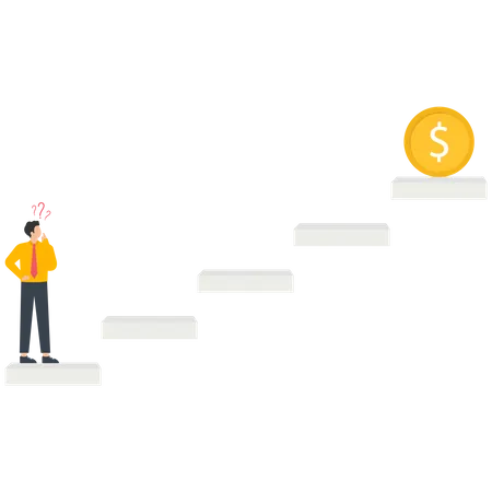 Empresário olha uma moeda de dólar americano no topo de uma escada  Ilustração
