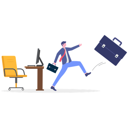 Hombre de negocios pateando una bolsa en la oficina  Ilustración