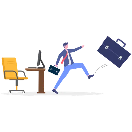 Hombre de negocios pateando una bolsa en la oficina  Ilustración