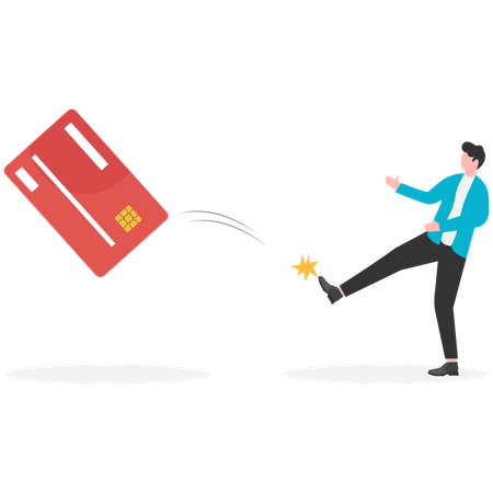 Empresario pateando tarjeta de débito  Ilustración