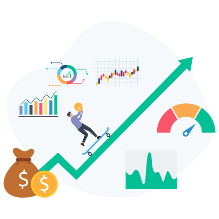 Empresario patinando sobre un gráfico de crecimiento mientras observa el desempeño del mercado  Ilustración