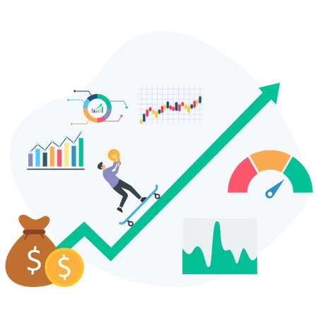 Empresario patinando sobre un gráfico de crecimiento mientras observa el desempeño del mercado  Ilustración