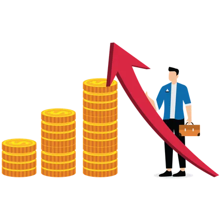 Empresário pega enormes flechas crescentes para se apoiar em pilha de moedas de ouro  Ilustração